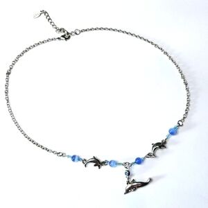 JAY Silver Toned Dolphin Blue Glass Bead Accent Necklace Fashion Jewelry